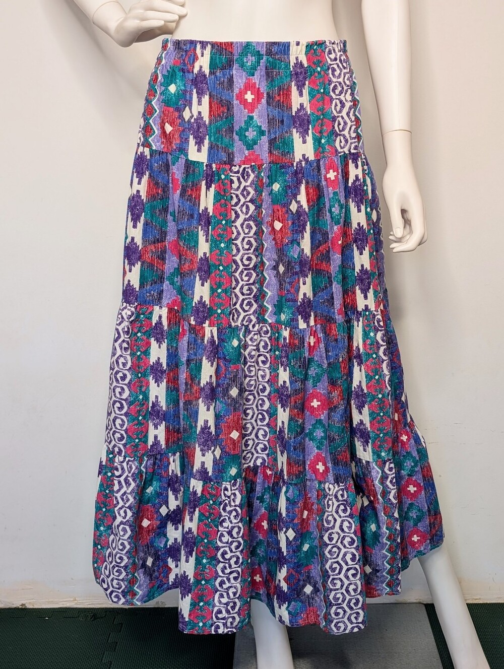 Vintage 90s Purple, Teal, & Pink Southwest Pattern Tiered Maxi Skirt Western